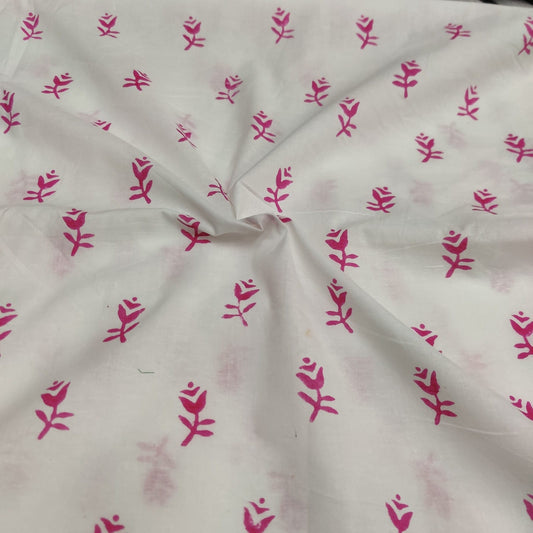 Pink flowers hand block print cotton fabric