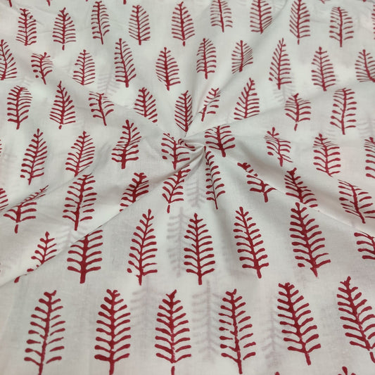 White and red hand block print cotton fabric