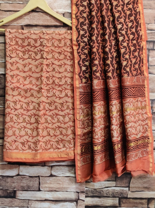 2 piece Bagru Ajrakh Dabu Hand Block Print chanderi Silk Suit Material Set with Zari Border