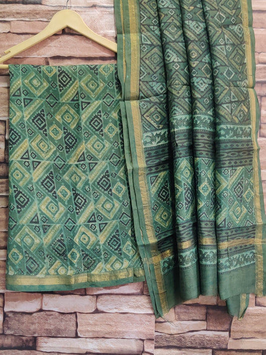 2 piece Bagru Ajrakh Dabu Hand Block flower Print chanderi Silk Suit Material Set with Zari Border