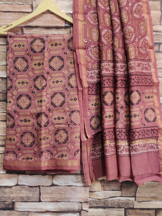 2 piece Bagru Ajrakh Dabu Hand Block cary Print chanderi Silk Suit Material Set with Zari Border